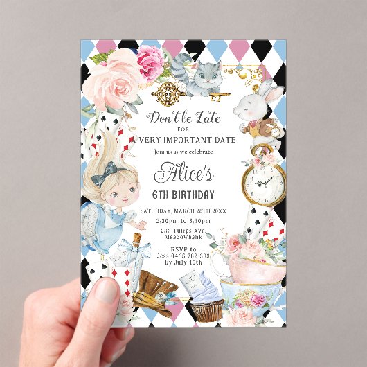 かわいいアリスinワンダーランド誕生日ティーパーティー アクリル招待状 (インサイチュ (ポータブル))
