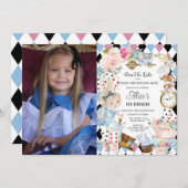 かわいいアリスinワンダーランド誕生日紅茶パーティー写真 招待状 (正面/裏面)