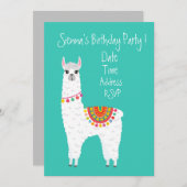 かわいいアルパカのカラフル少女かわいい誕生日パーティー 招待状 (正面/裏面)