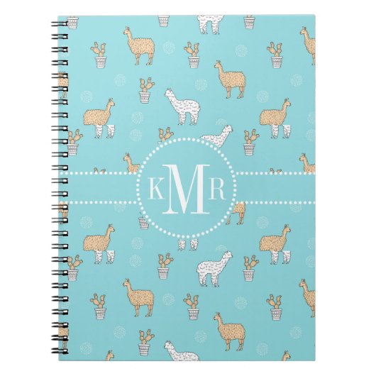 かわいいアルパカのラマのサボテンパターン ノートブック (正面)