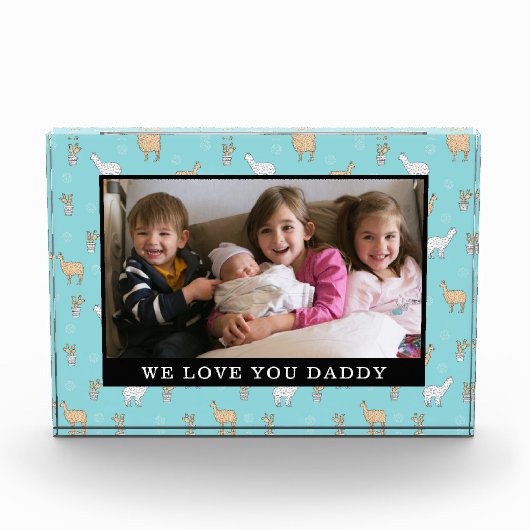 かわいいアルパカのラマのサボテンパターン フォトブロック (正面)