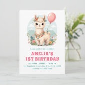 かわいいアルパカの女の子1歳の誕生日パーティーの招待状 招待状 (スタンド正面)