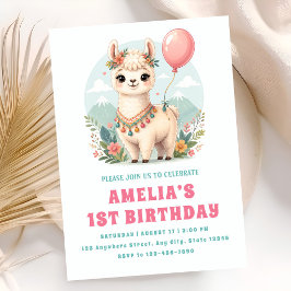 かわいいアルパカの女の子1歳の誕生日パーティーの招待状 招待状