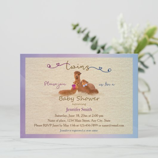 かわいいアルパカの男の子の女の子はベビーシャワー招待状を結び付けます 招待状 (スタンド正面)