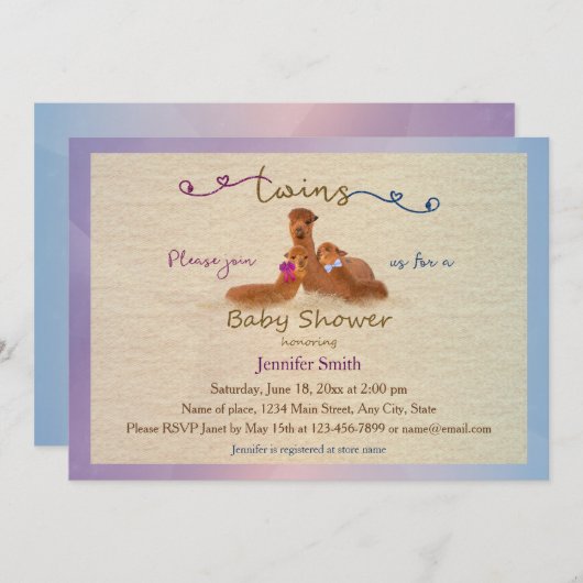 かわいいアルパカの男の子の女の子はベビーシャワー招待状を結び付けます 招待状 (正面/裏面)