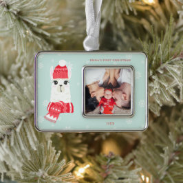 かわいいアルパカベビーの初めてのクリスマスカスタム写真 シルバープレートフレームオーナメント