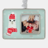 かわいいアルパカベビーの初めてのクリスマスカスタム写真 シルバープレートフレームオーナメント (正面)