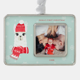 かわいいアルパカベビーの初めてのクリスマスカスタム写真 シルバープレートフレームオーナメント