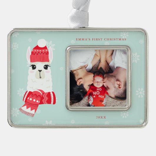 かわいいアルパカベビーの初めてのクリスマスカスタム写真 シルバープレートフレームオーナメント (正面)