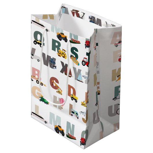 かわいいアルファベットABCトラック、輸送車 ミディアムペーパーバッグ (正面アングル)