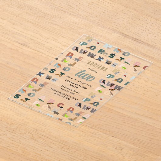 かわいいアルファベットABC動物よちよち歩き誕生日 アクリル招待状 (レイダウン)