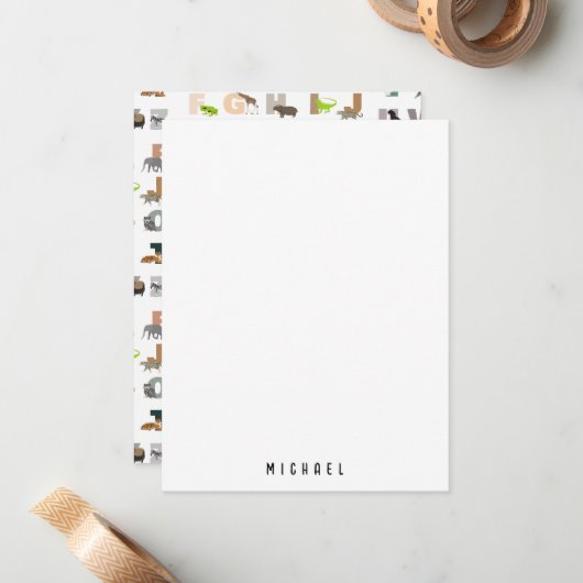 かわいいアルファベットABC動物 カスタム名前 学校 ノートカード (正面/裏面インサイチュ)