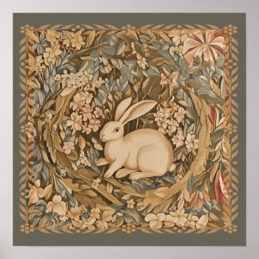 かわいいアンティークウサギの中世タペストリーガーデン ポスター (正面)
