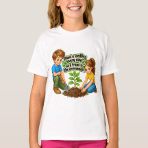 かわいいアースデイの子供用ガーデニング教育Tシャツ