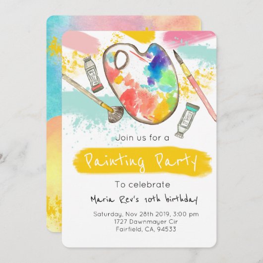 かわいいアーティ絵画ストの子どものパーティー誕生招待状 招待状 (正面/裏面)