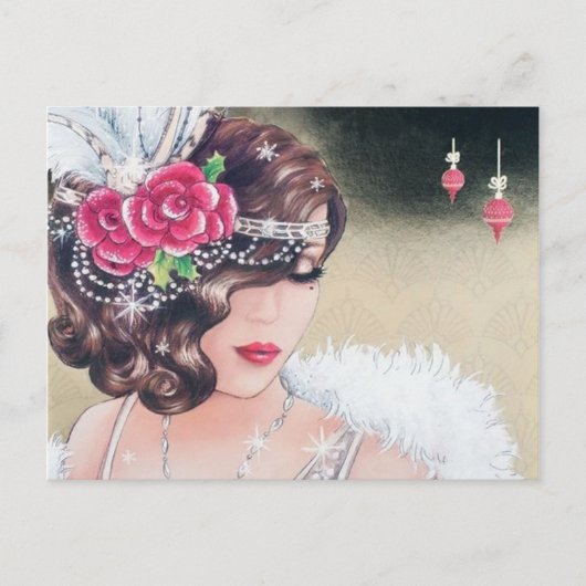 かわいいアートデコ・レトロ・ヴィンテージのホリデー・クリスマス・レディ シーズンポストカード (正面)