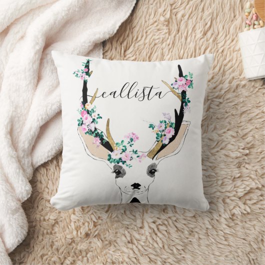 かわいいアートピンクフローラ鹿動物イラストレーション クッション (ブランケット)
