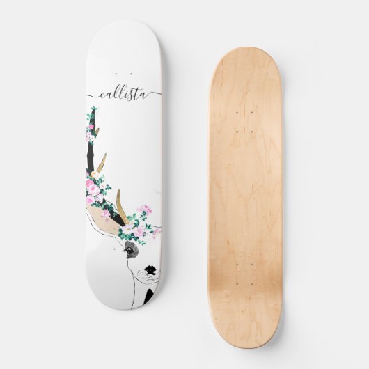 かわいいアートピンクフローラ鹿動物イラストレーション スケートボード (正面)