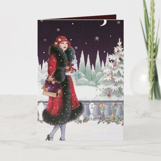かわいいアートヴィンテージレディーメッセージを追加 シーズンカード (正面)