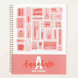かわいいアート図解入りの、写真付きの用品柄コーラルレッド プランナー手帳