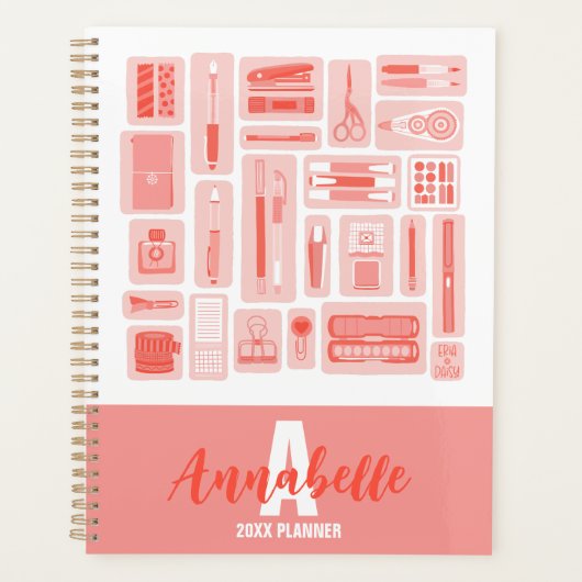 かわいいアート図解入りの、写真付きの用品柄コーラルレッド プランナー手帳 (正面)