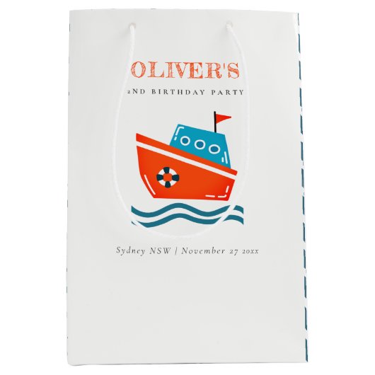 かわいいアーバン航海のキッズボート任意の年齢誕生日 ミディアムペーパーバッグ (正面)