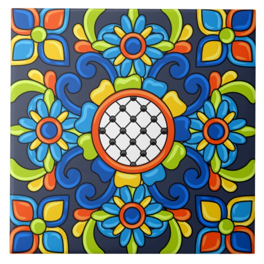 かわいいアールデコ抽象芸術ブルーの花柄 タイル (正面)