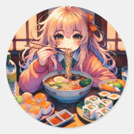 かわいいア食べニメ女の子ラーメンと寿司 ラウンドシール