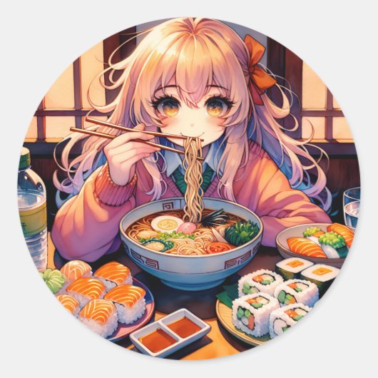 かわいいア食べニメ女の子ラーメンと寿司 ラウンドシール (正面)