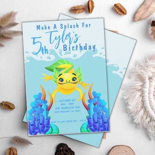 かわいいイエローアクソロトルボーイアンダーウォーターバースデーパーティー 招待状