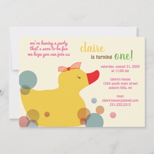 かわいいイエローアヒルの誕生日パーティーの招待状 招待状 (正面)