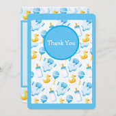 かわいいイエローアヒル青ベビーシャワー サンキューカード (正面/裏面)