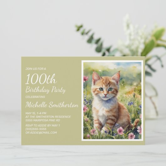 かわいいイエローオレンジキャットウォーター色100誕生日 招待状 (スタンド正面)