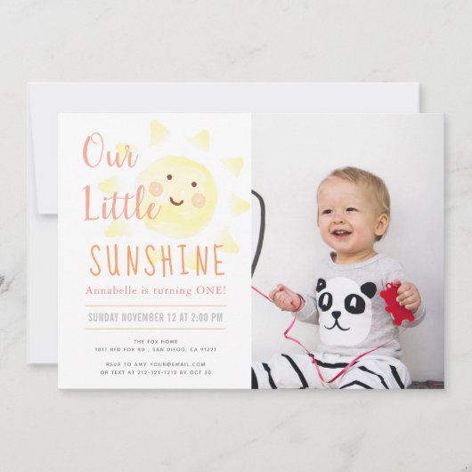 かわいいイエローサンシャインガール1stフォトバースデーパーティー 招待状 (正面)