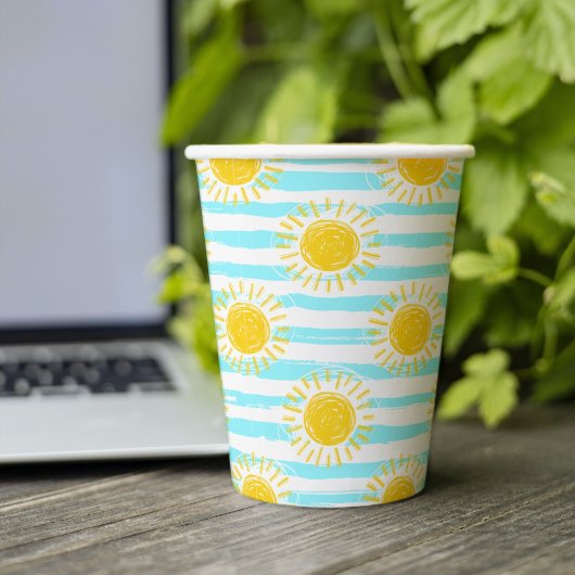 かわいいイエローサンシャインストライプサマーズブルー&ホワイト 紙コップ