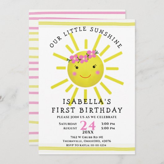 かわいいイエローサンシャイン1st誕生日パーティー 招待状 (正面/裏面)