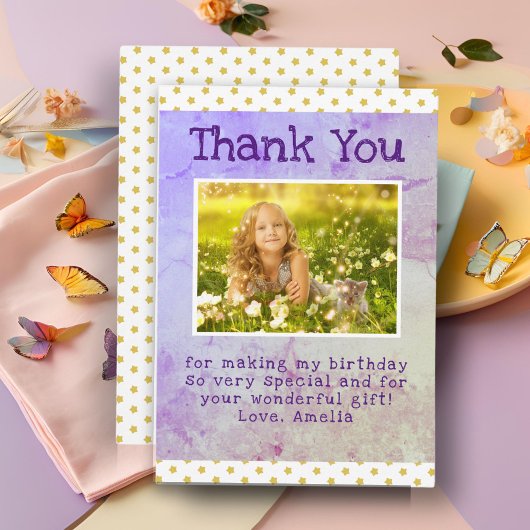 かわいいイエロースターパターンガールフォト誕生日 サンキューカード