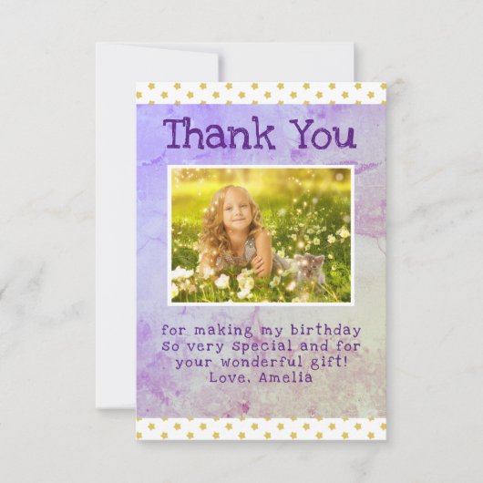 かわいいイエロースターパターンガールフォト誕生日 サンキューカード (正面)