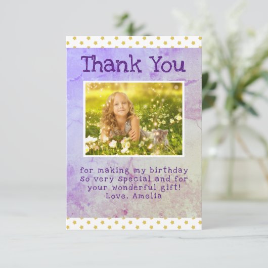 かわいいイエロースターパターンガールフォト誕生日 サンキューカード (スタンド正面)