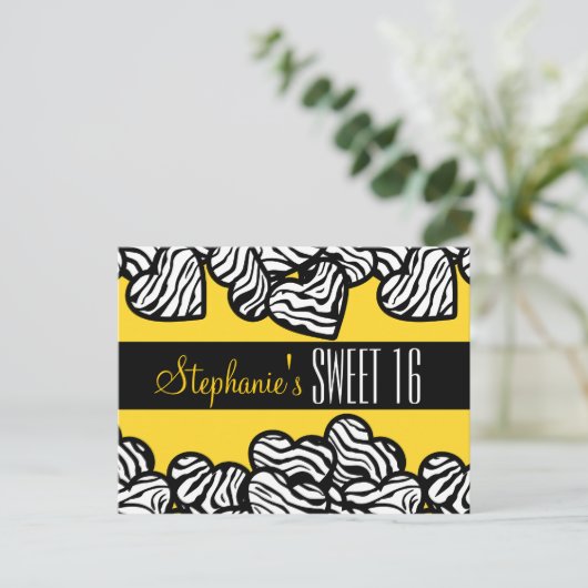かわいいイエローゼブラハートスウィート16誕生日はがき ポストカード (スタンド正面)