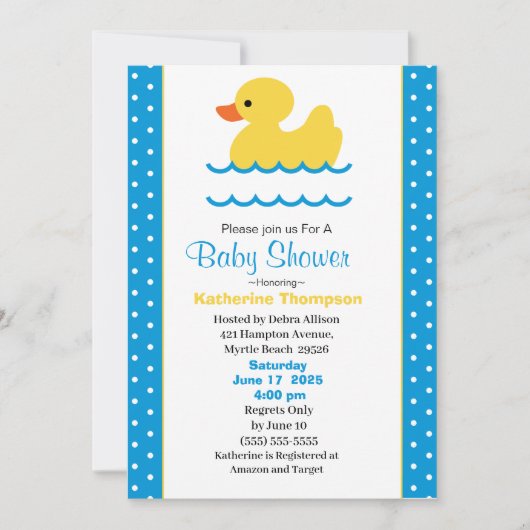 かわいいイエローダッキー(アヒルちゃん)ボーイズ赤ちゃんシャワー招待状 招待状 (正面)