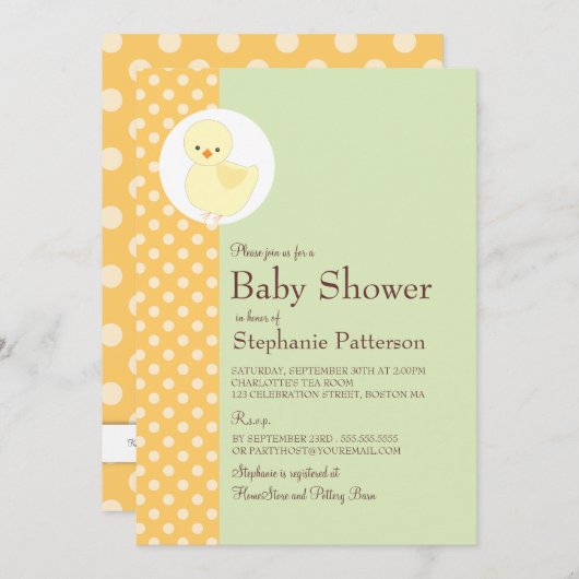 かわいいイエローダッキー（アヒルちゃん）水玉模様ベビーシャワーティーパーティー 招待状 (正面/裏面)