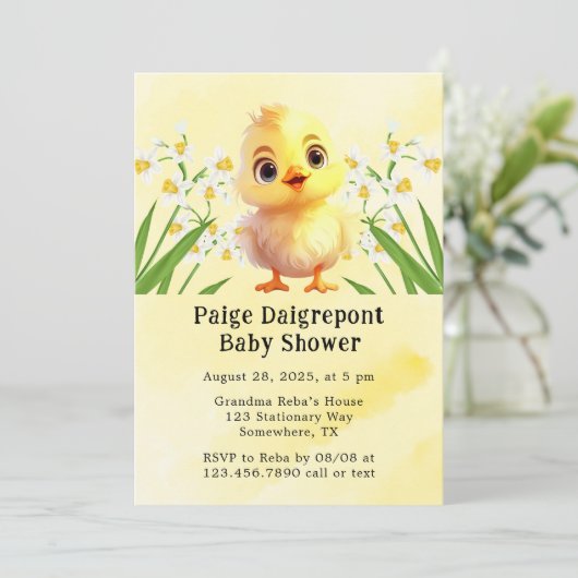 かわいいイエローチキンイースターベイビーシャワー 招待状 (スタンド正面)