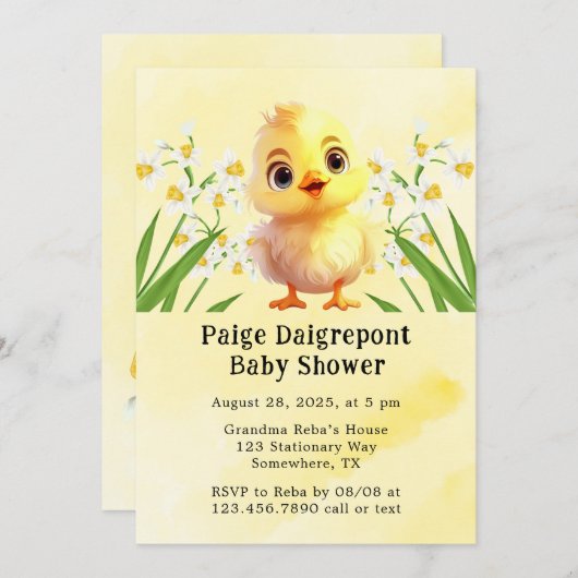 かわいいイエローチキンイースターベイビーシャワー 招待状 (正面/裏面)