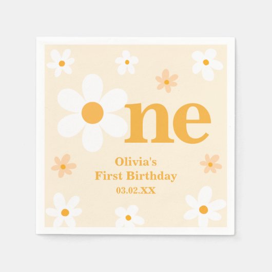 かわいいイエローデイジーワン誕生日ガール スタンダードカクテルナプキン (正面)