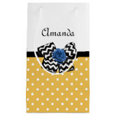 かわいいイエロードットブルーバラシェブロンボウ名 スモールペーパーバッグ (正面)