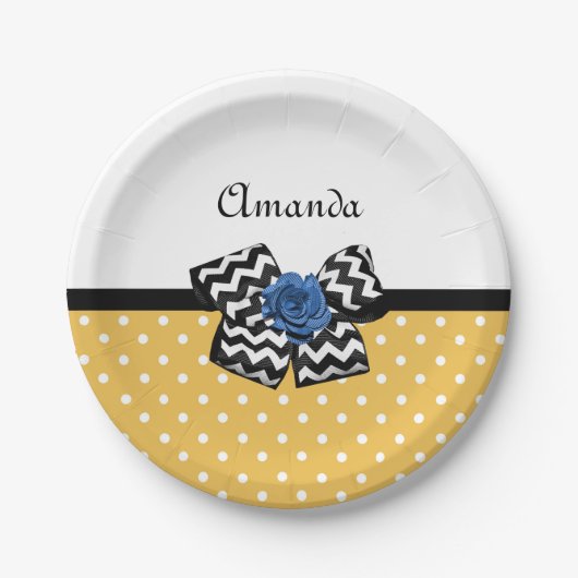 かわいいイエロードットブルーバラシェブロンボウ名 ペーパープレート (正面)