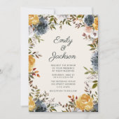 かわいいイエローネイビーブルーウォーター色のフローラ結婚ズ 招待状 (正面)