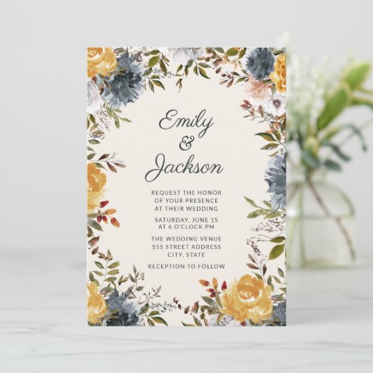かわいいイエローネイビーブルーウォーター色のフローラ結婚ズ 招待状 (スタンド正面)