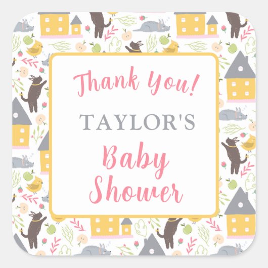 かわいいイエローハウスパピーバードベビーシャワー スクエアシール (正面)